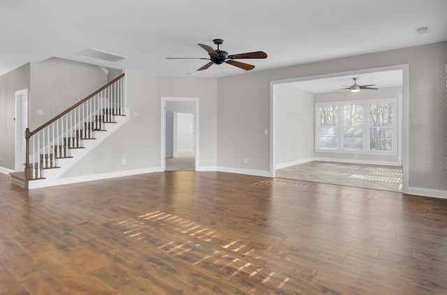 102 Brutus Ln, Summerville, SC 29485 - unfurnished living room with a ceiling fan, baseboards, stairway, and wood finished floors