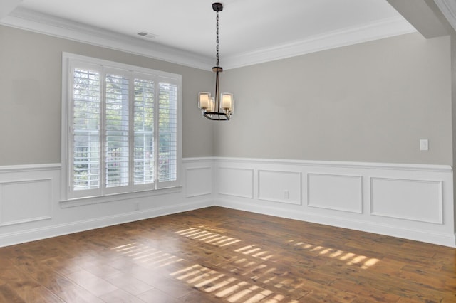 102 Brutus Ln, Summerville, SC 29485 - unfurnished dining area with crown molding, a chandelier, dark wood finished floors, wainscoting, and visible vents