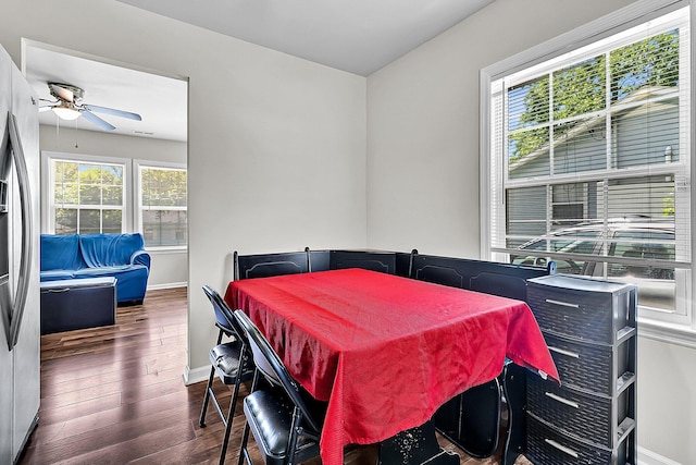 5806 Robinhood Dr, Hanahan, SC 29410 - dining space featuring ceiling fan, dark wood-style flooring, and baseboards
