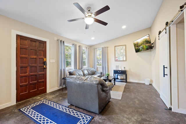 109 Beacon Ave, Moncks Corner, SC 29461 - living area featuring a barn door, finished concrete floors, ceiling fan, baseboards, and recessed lighting