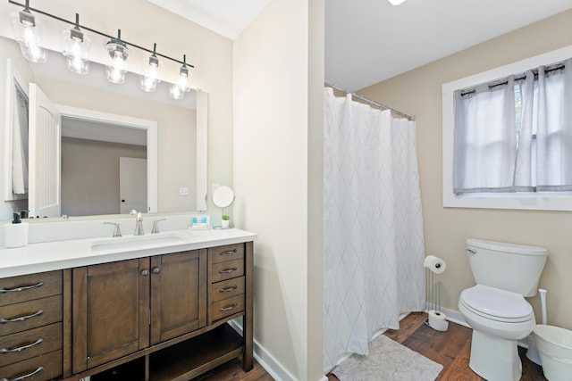 bathroom featuring vanity, hardwood / wood-style flooring, and toilet