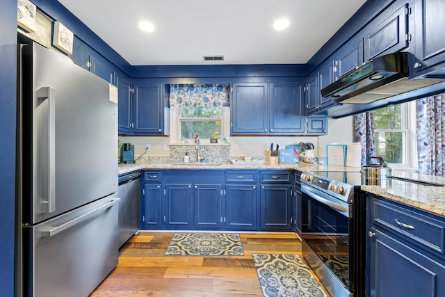 109 Beacon Ave, Moncks Corner, SC 29461 - kitchen featuring appliances with stainless steel finishes, a sink, blue cabinets, healthy amount of natural light, and recessed lighting