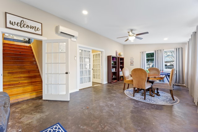 dining area with a wall unit AC, ceiling fan, french doors, and vaulted ceiling