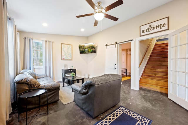 109 Beacon Ave, Moncks Corner, SC 29461 - living area with concrete floors, a barn door, stairway, ceiling fan, and recessed lighting