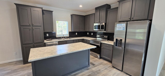 kitchen featuring decorative backsplash, stainless steel appliances, sink, light hardwood / wood-style flooring, and a center island