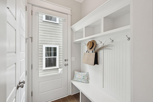 mudroom featuring dark wood-type flooring