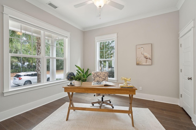 office area with hardwood / wood-style floors, ceiling fan, and crown molding