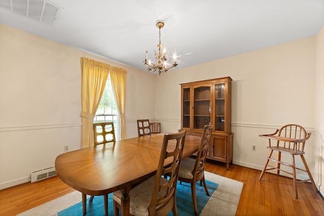 2266 Griffith Dr, Orangeburg, SC 29118 - dining space with a notable chandelier, visible vents, light wood-style flooring, baseboards, and a baseboard heating unit