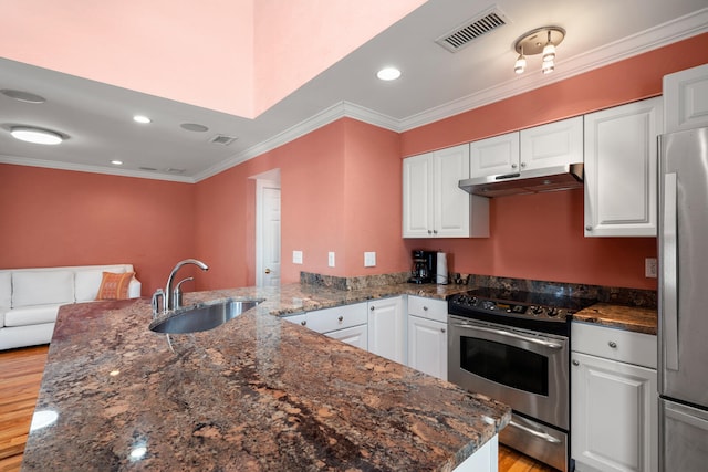 kitchen with stainless steel appliances, sink, white cabinets, and kitchen peninsula