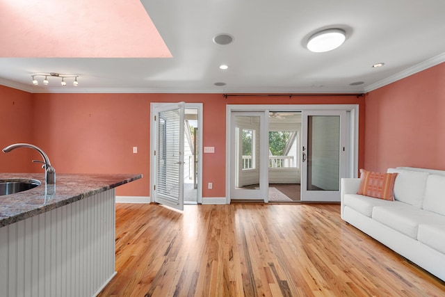 unfurnished living room featuring crown molding, sink, and light hardwood / wood-style flooring