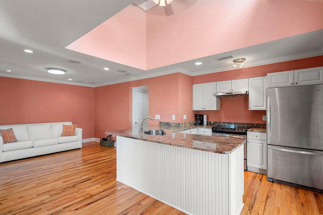 kitchen featuring light hardwood / wood-style flooring, stainless steel appliances, kitchen peninsula, and white cabinets