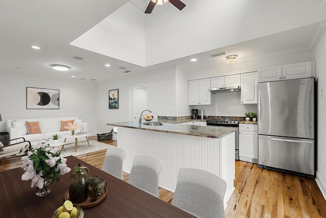 kitchen with under cabinet range hood, stainless steel appliances, a peninsula, ornamental molding, and visible vents