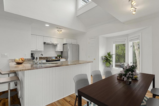 kitchen with crown molding, a sink, light wood-type flooring, baseboards, and appliances with stainless steel finishes