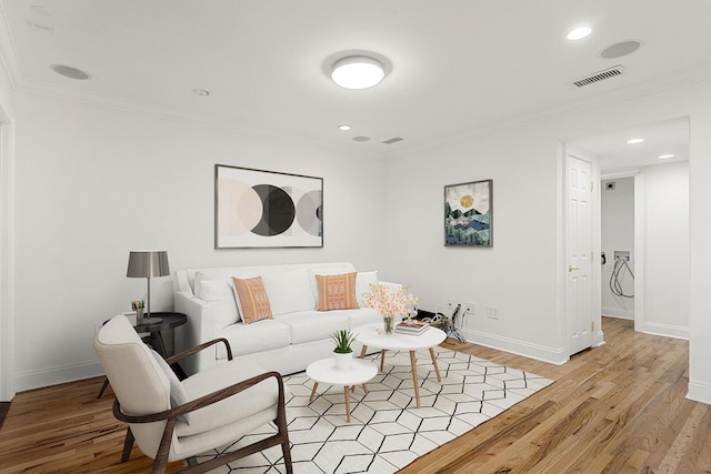 living room featuring ornamental molding and light hardwood / wood-style flooring