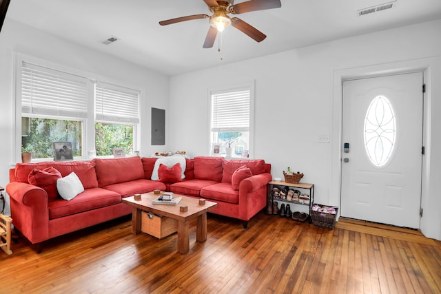 living area with plenty of natural light, light wood-style flooring, a ceiling fan, and electric panel
