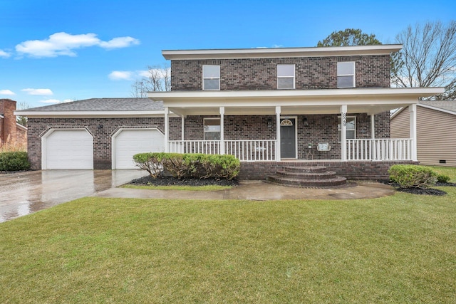 traditional-style house with brick siding, covered porch, an attached garage, driveway, and a front lawn