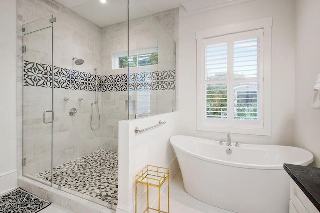 full bath with a freestanding tub, a wealth of natural light, and a shower stall