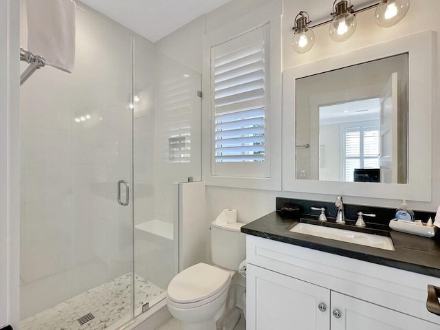 bathroom featuring toilet, a shower stall, and vanity