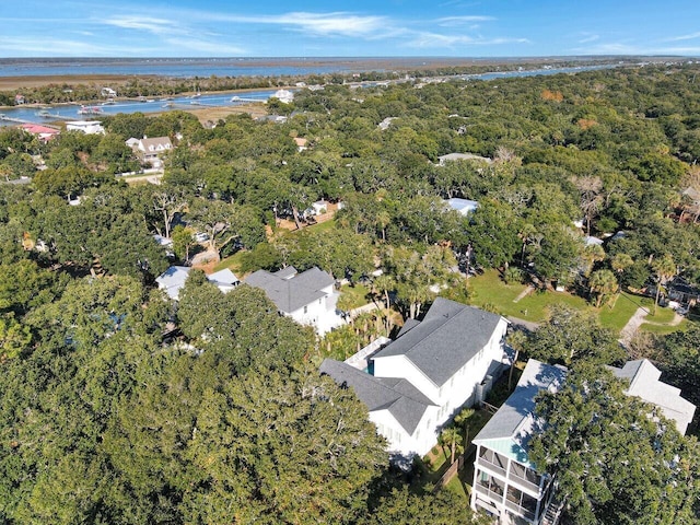 bird's eye view featuring a water view and a view of trees