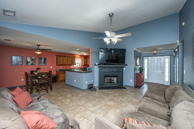 living room with lofted ceiling and a textured ceiling