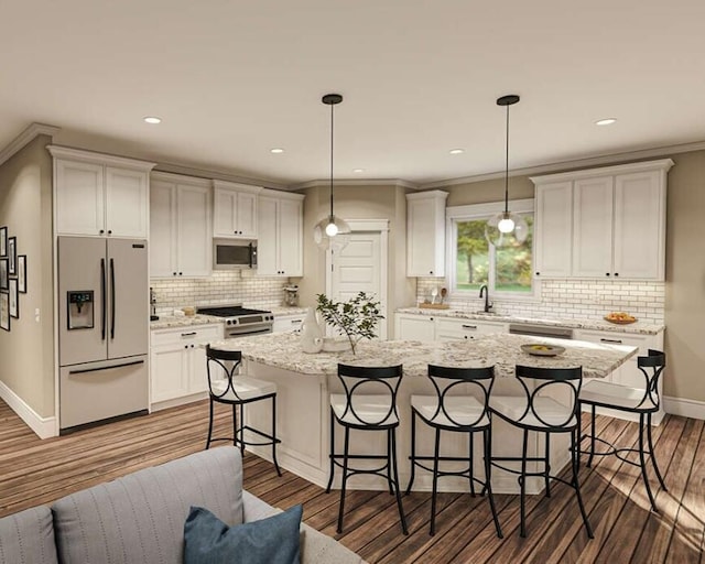 213 Myrtlewood Dr, Santee, SC 29142 - kitchen featuring baseboards, dark wood-type flooring, backsplash, white cabinets, and appliances with stainless steel finishes
