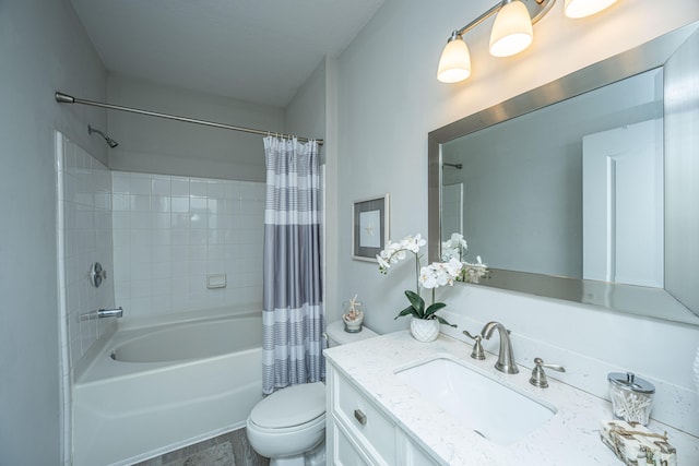 full bathroom featuring vanity, shower / tub combo with curtain, and toilet