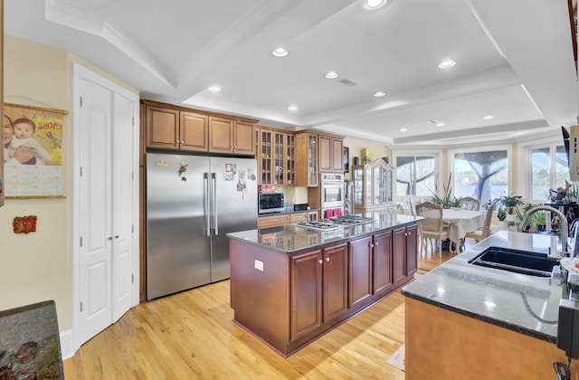kitchen featuring light wood-type flooring, a raised ceiling, appliances with stainless steel finishes, and a center island