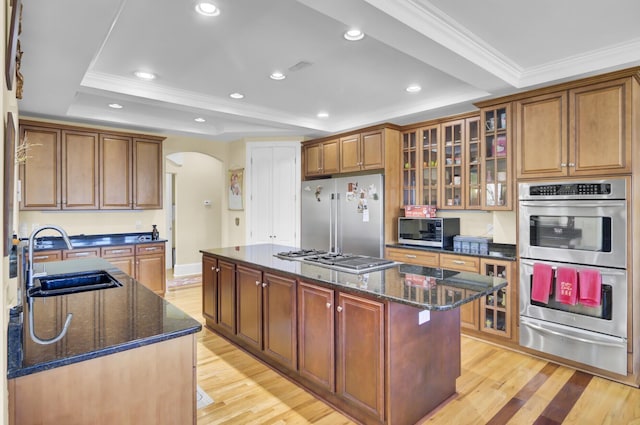 kitchen featuring a raised ceiling, a center island, appliances with stainless steel finishes, and a sink