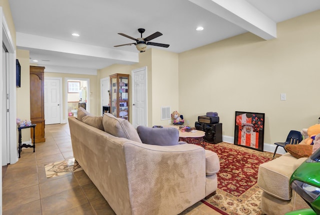 living room with tile patterned flooring, visible vents, ceiling fan, beam ceiling, and recessed lighting