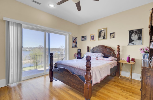 bedroom with visible vents, ceiling fan, recessed lighting, wood finished floors, and access to outside