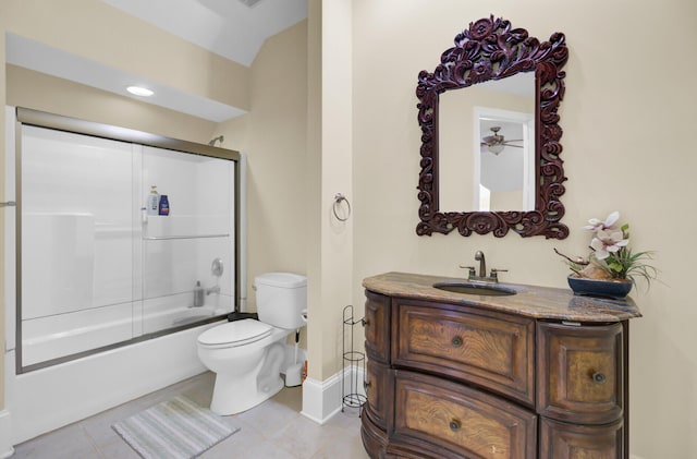full bath with tile patterned flooring, baseboards, bath / shower combo with glass door, toilet, and vanity