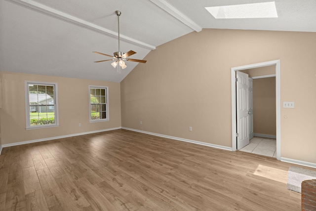 8116 Long Shadow Ln, North Charleston, SC 29406 - spare room featuring a skylight, beamed ceiling, light wood-type flooring, a ceiling fan, and high vaulted ceiling