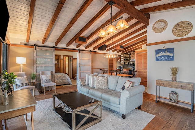 520 E Huron Ave, Folly Beach, SC 29439 - living room featuring a barn door, wooden ceiling, a chandelier, and wood-type flooring