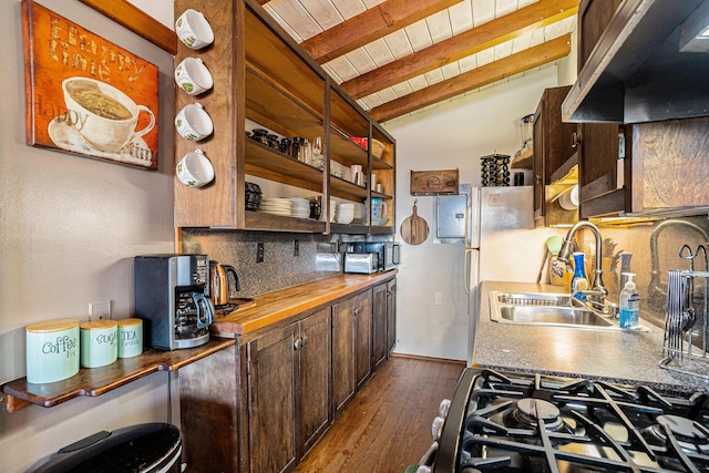 520 E Huron Ave, Folly Beach, SC 29439 - kitchen featuring wood ceiling, backsplash, wooden counters, dark wood-style floors, and exhaust hood
