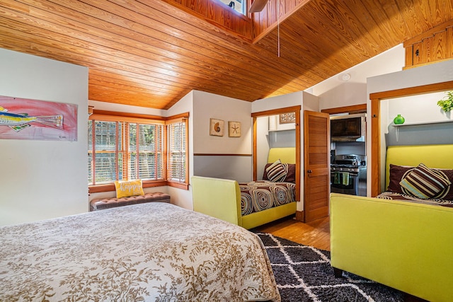 520 E Huron Ave, Folly Beach, SC 29439 - bedroom featuring vaulted ceiling, wooden ceiling, wood finished floors, and a closet