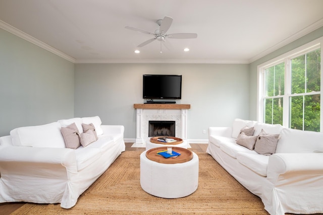 1976 Liberia Rd, Wadmalaw Island, SC 29487 - living room featuring baseboards, ceiling fan, ornamental molding, wood finished floors, and recessed lighting