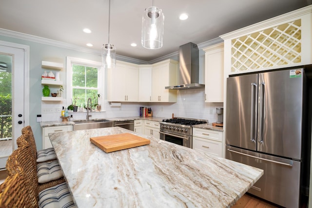 1976 Liberia Rd, Wadmalaw Island, SC 29487 - kitchen with premium appliances, wall chimney range hood, a sink, healthy amount of natural light, and crown molding