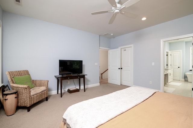 1976 Liberia Rd, Wadmalaw Island, SC 29487 - bedroom featuring light carpet, ensuite bathroom, baseboards, recessed lighting, and a ceiling fan