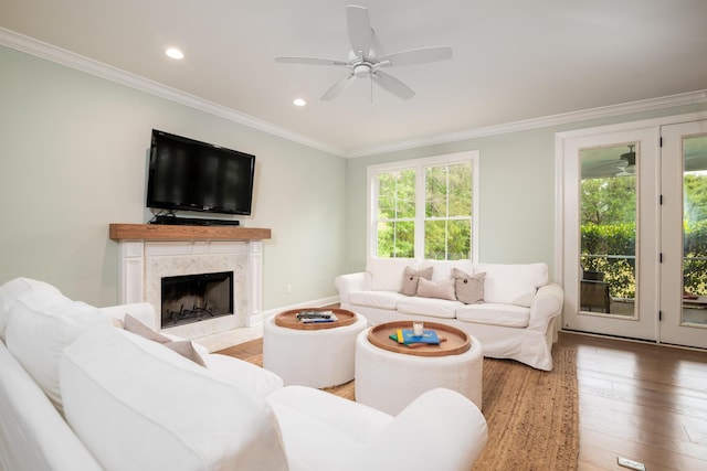 1976 Liberia Rd, Wadmalaw Island, SC 29487 - living area featuring ceiling fan, crown molding, recessed lighting, wood finished floors, and a high end fireplace