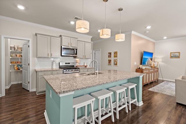 kitchen with crown molding, dark wood finished floors, decorative backsplash, stainless steel appliances, and a sink