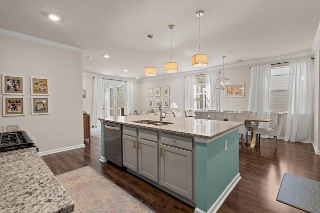 kitchen with stainless steel dishwasher, crown molding, a sink, and gray cabinetry