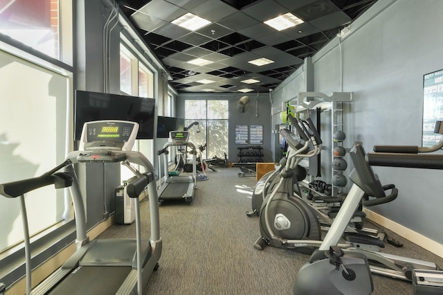 exercise room with carpet floors and a drop ceiling