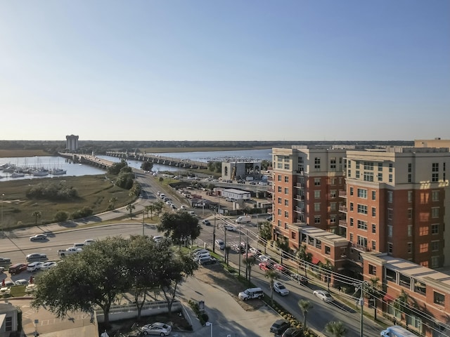 bird's eye view with a water view