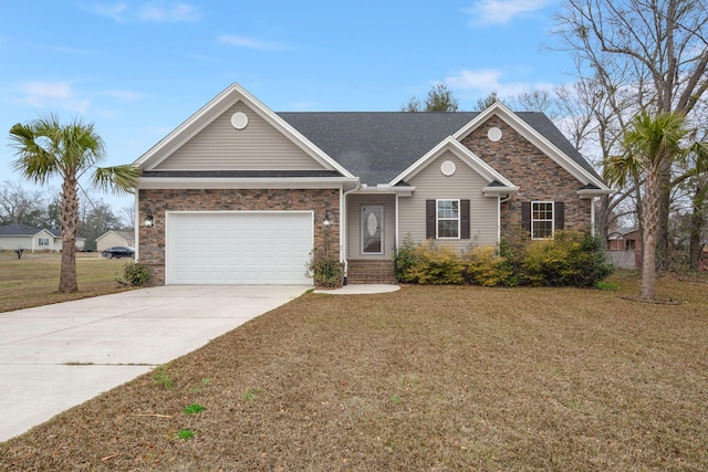 ranch-style home with a garage, a front yard, and concrete driveway