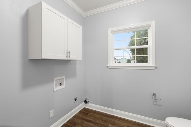 washroom with dark wood-style flooring, crown molding, hookup for a washing machine, electric dryer hookup, and baseboards