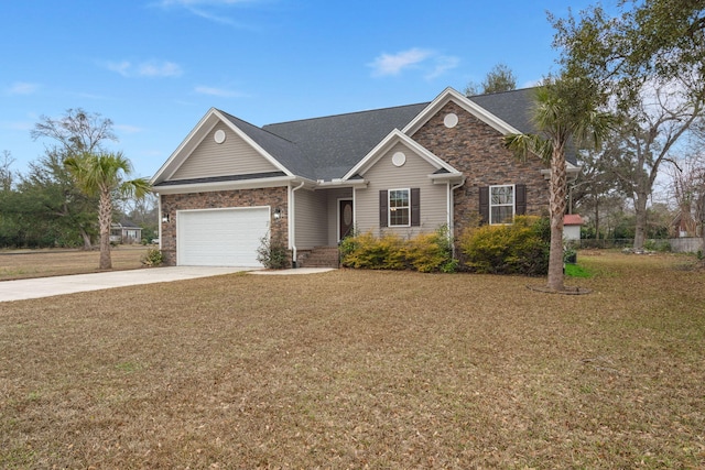 ranch-style home with a garage, concrete driveway, and a front yard