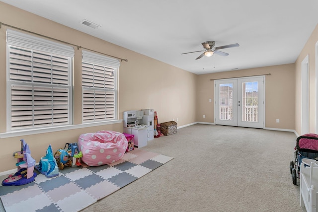 9829 English Elm St, Ladson, SC 29456 - rec room with a ceiling fan, carpet floors, french doors, and baseboards