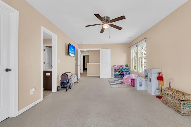 9829 English Elm St, Ladson, SC 29456 - playroom featuring a ceiling fan, carpet floors, and baseboards