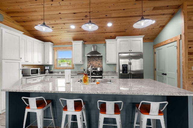 5653 Wire Rd, Branchville, SC 29432 - kitchen featuring white cabinets, wall chimney range hood, wooden ceiling, a sink, and appliances with stainless steel finishes