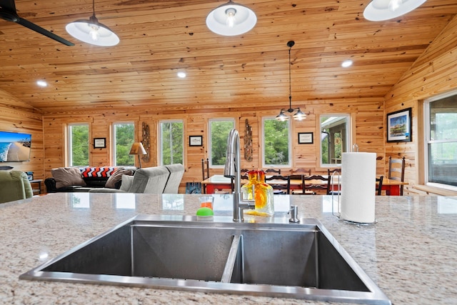 5653 Wire Rd, Branchville, SC 29432 - kitchen featuring lofted ceiling, wood ceiling, open floor plan, and a sink